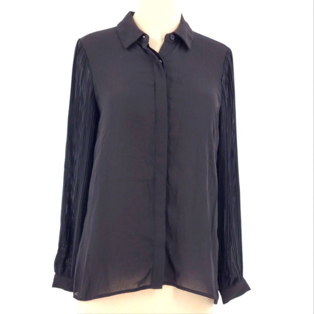 Catherine Maladrino Black Pleated Long Sleeve Sheer Button Blouse Top Small 4